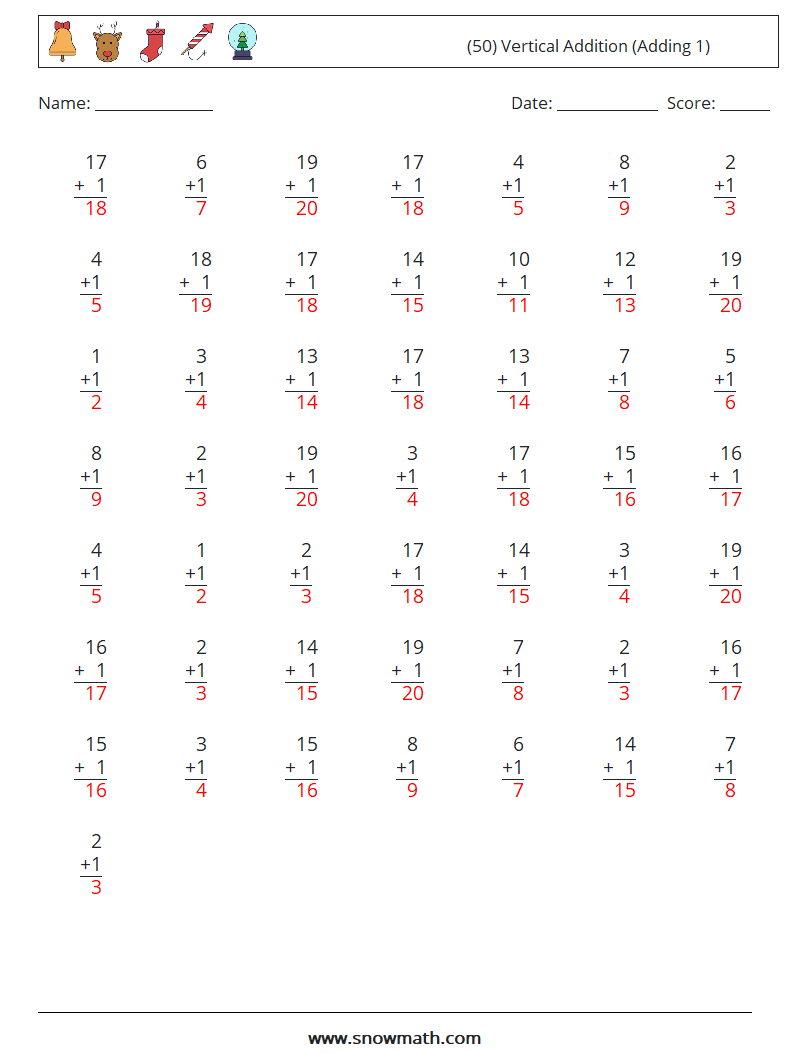 (50) Vertical  Addition (Adding 1) Math Worksheets 1 Question, Answer