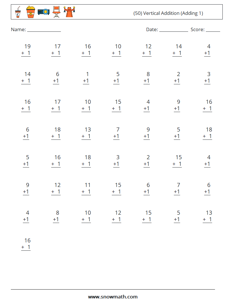 (50) Vertical  Addition (Adding 1) Maths Worksheets 3