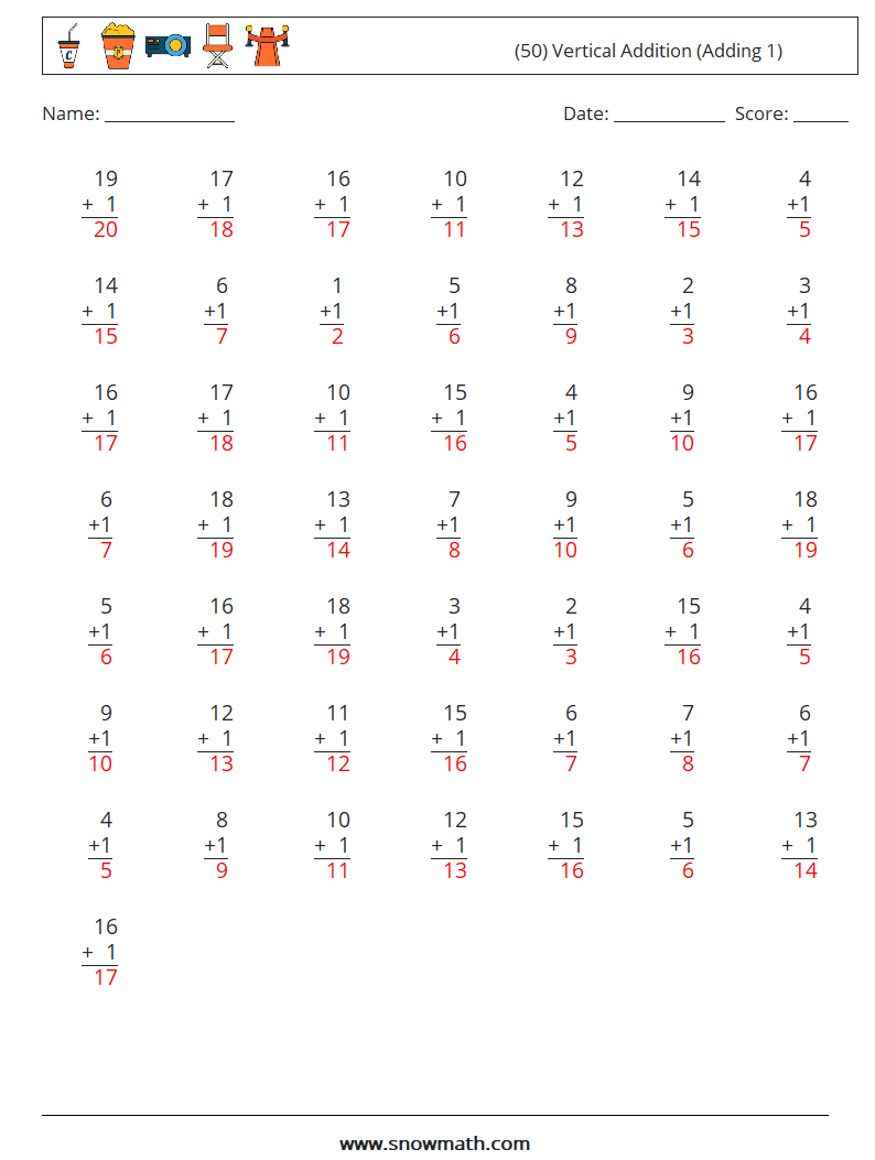 (50) Vertical  Addition (Adding 1) Math Worksheets 3 Question, Answer