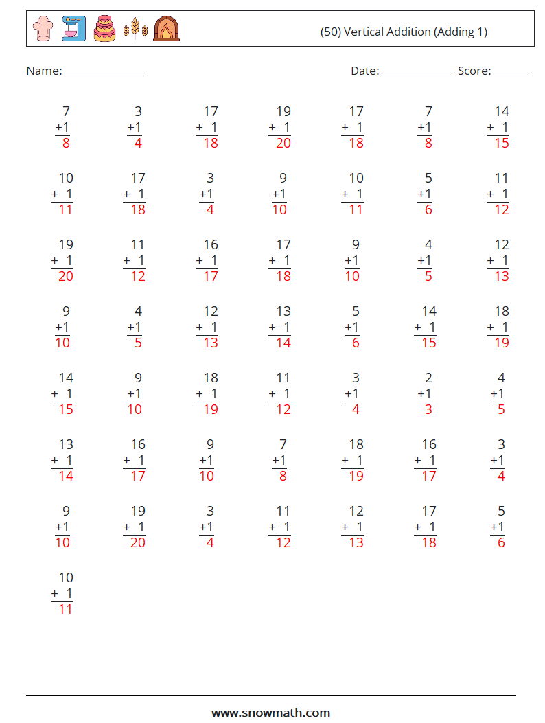 (50) Vertical  Addition (Adding 1) Math Worksheets 4 Question, Answer