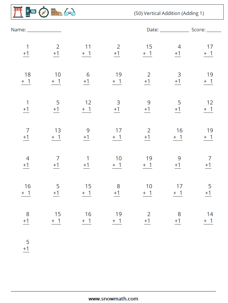 (50) Vertical  Addition (Adding 1) Math Worksheets 5