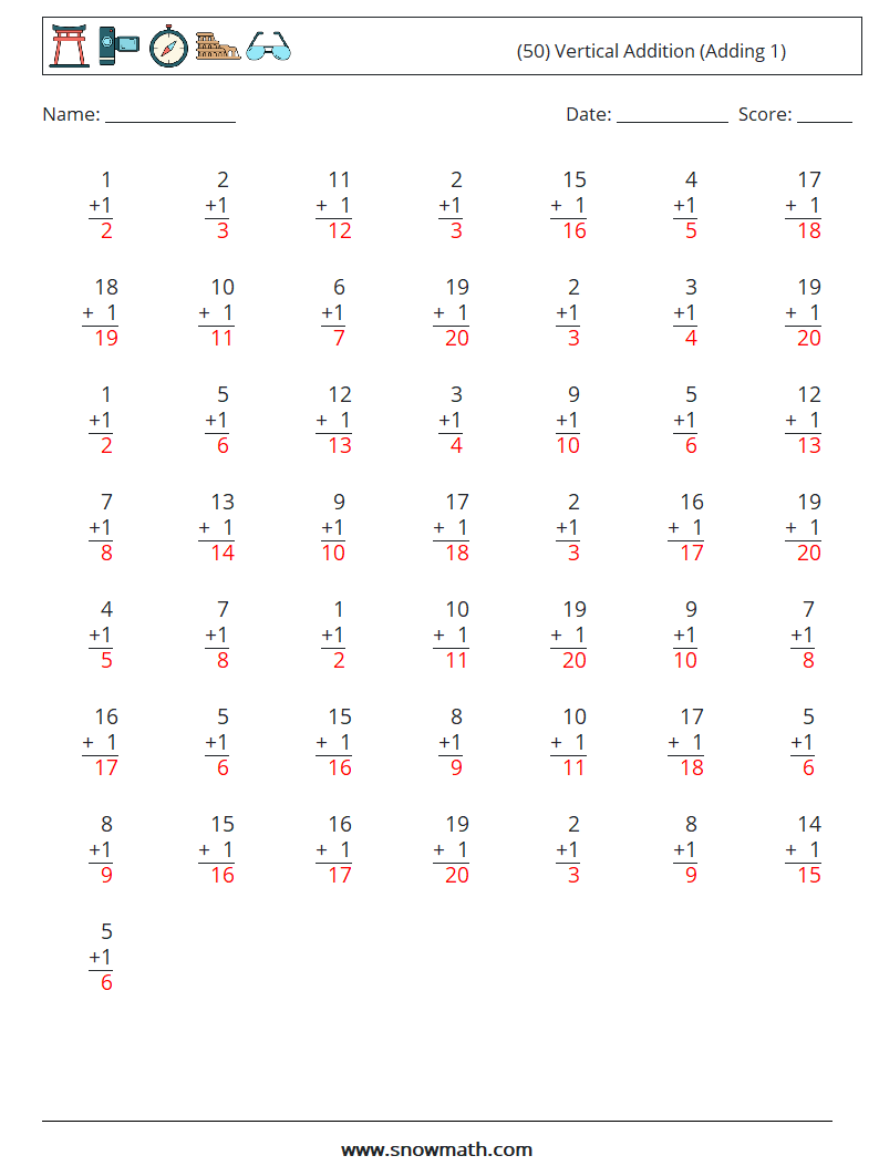 (50) Vertical  Addition (Adding 1) Math Worksheets 5 Question, Answer