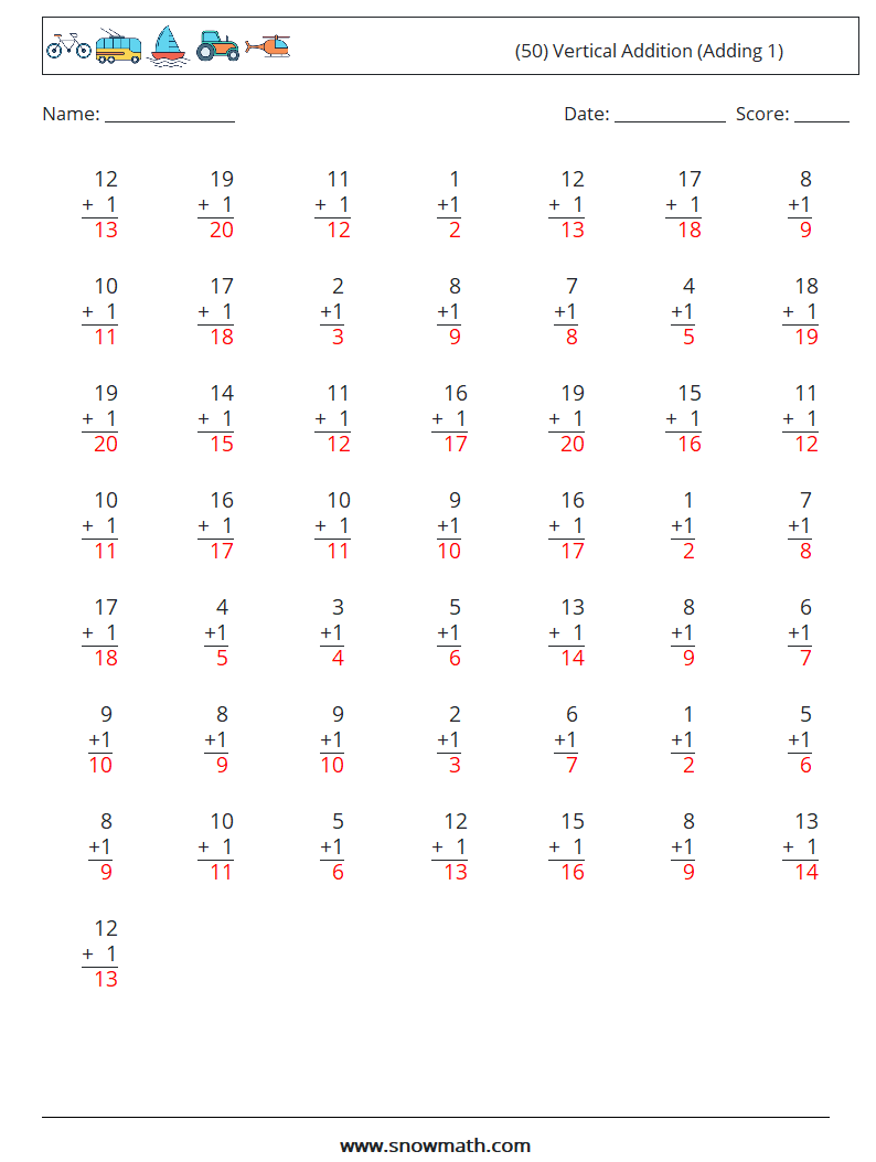 (50) Vertical  Addition (Adding 1) Math Worksheets 6 Question, Answer