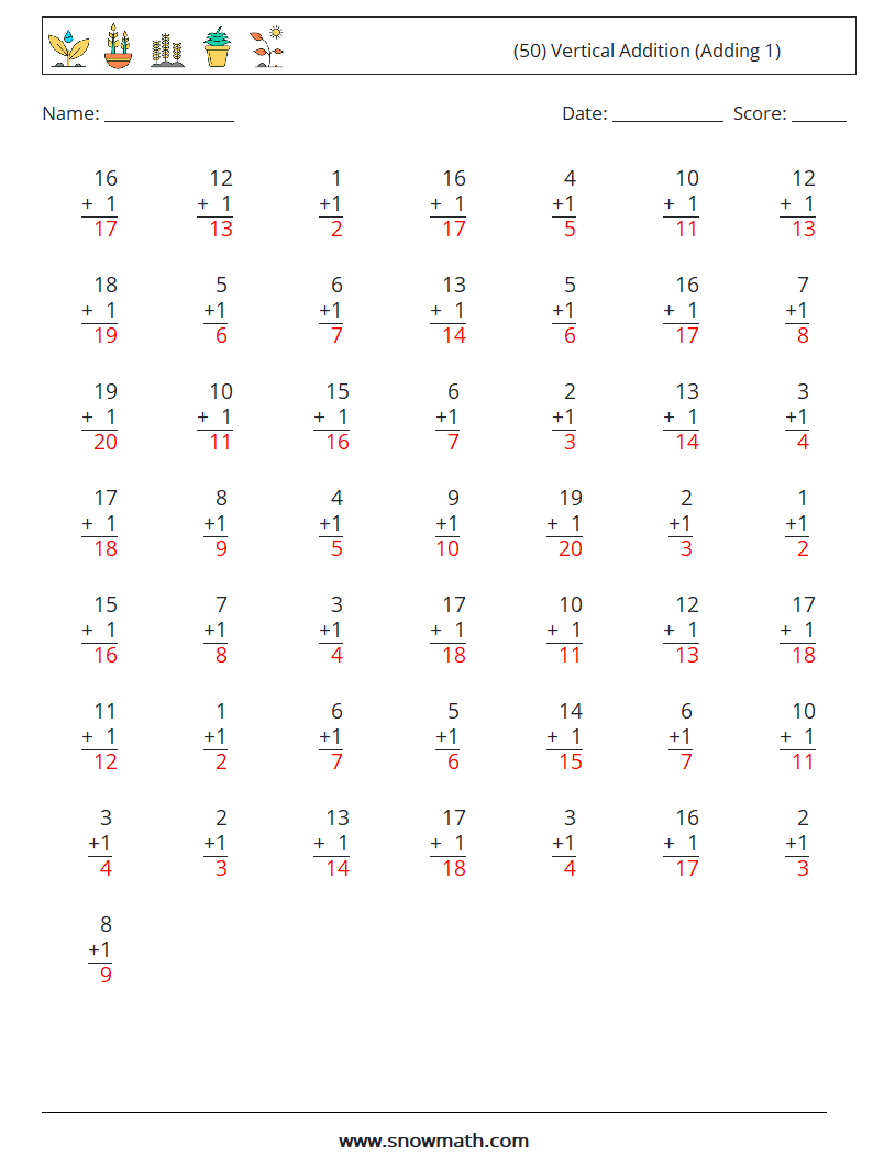 (50) Vertical  Addition (Adding 1) Math Worksheets 7 Question, Answer