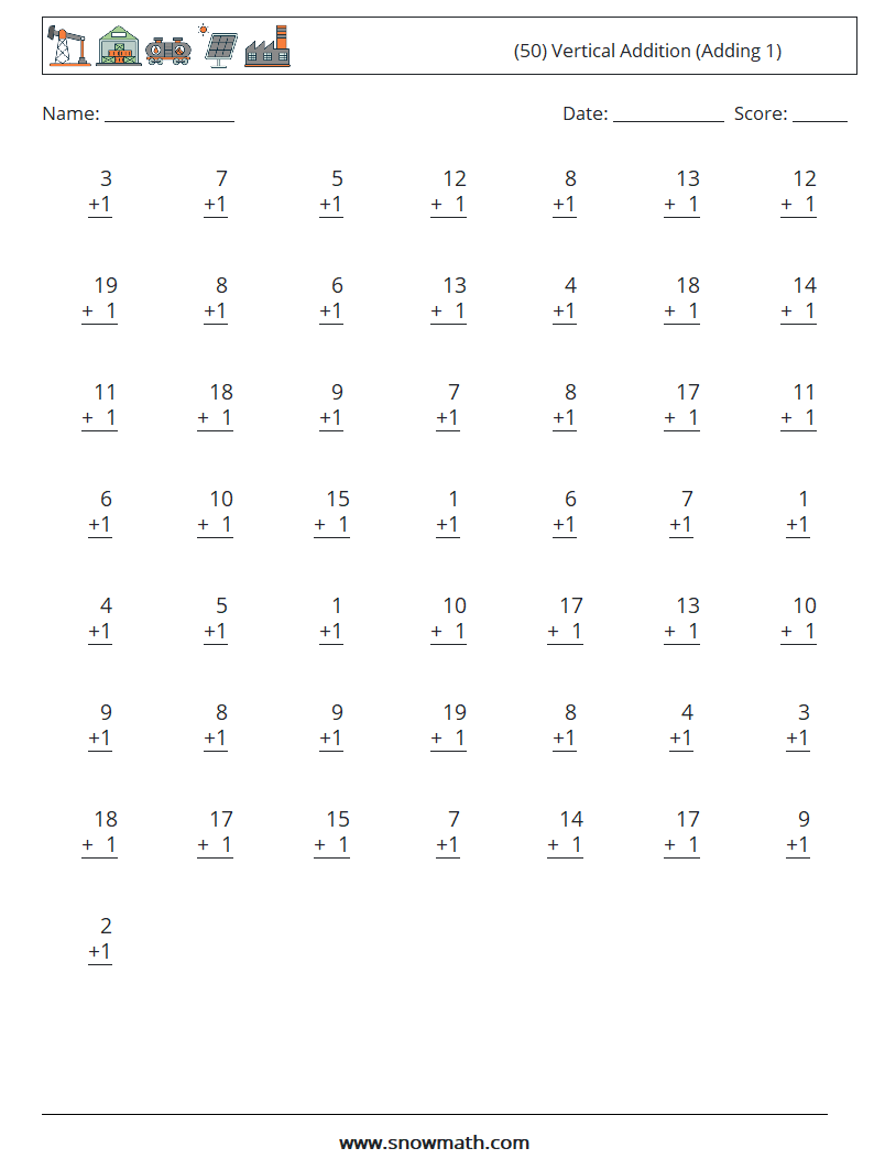 (50) Vertical  Addition (Adding 1) Math Worksheets 8