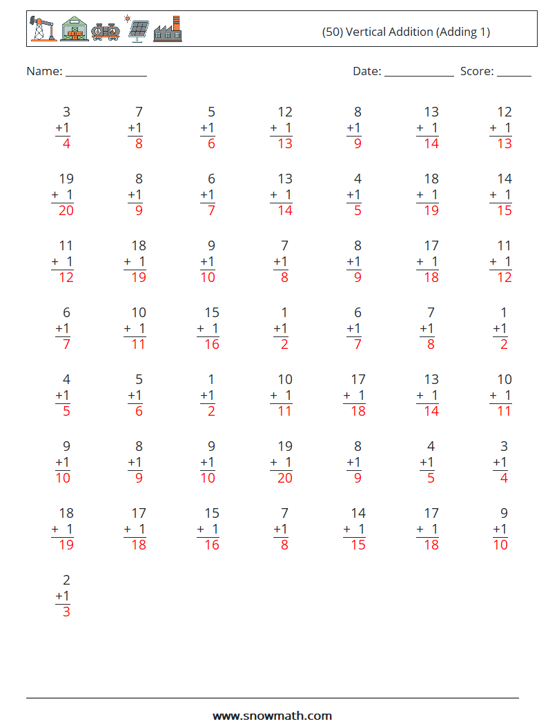 (50) Vertical  Addition (Adding 1) Math Worksheets 8 Question, Answer