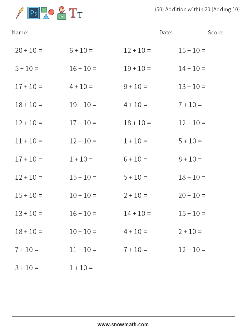 (50) Addition within 20 (Adding 10) Math Worksheets 1