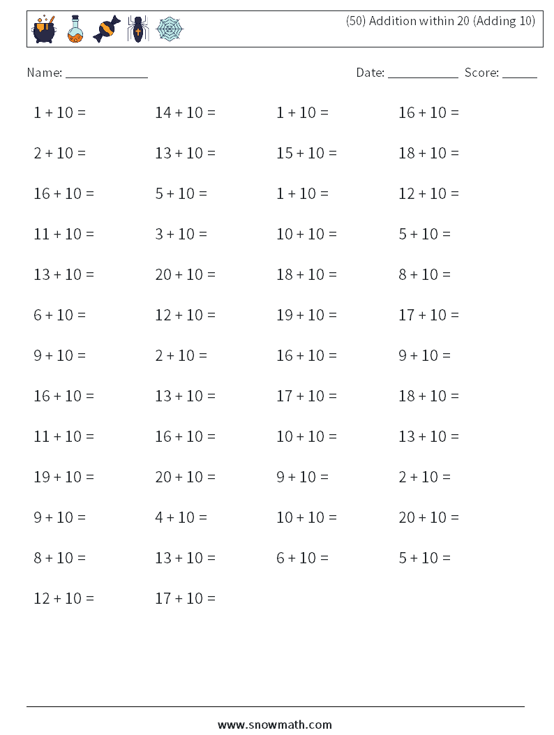 (50) Addition within 20 (Adding 10) Math Worksheets 2