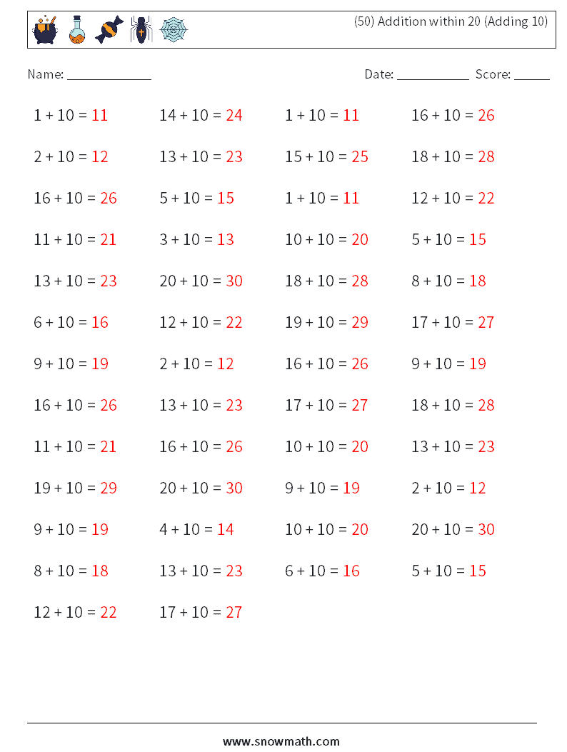 (50) Addition within 20 (Adding 10) Math Worksheets 2 Question, Answer