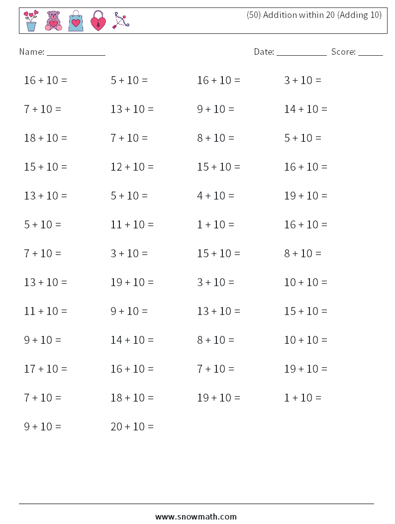 (50) Addition within 20 (Adding 10) Math Worksheets 3