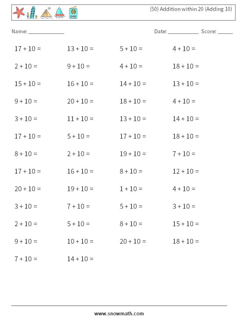 (50) Addition within 20 (Adding 10) Math Worksheets 4