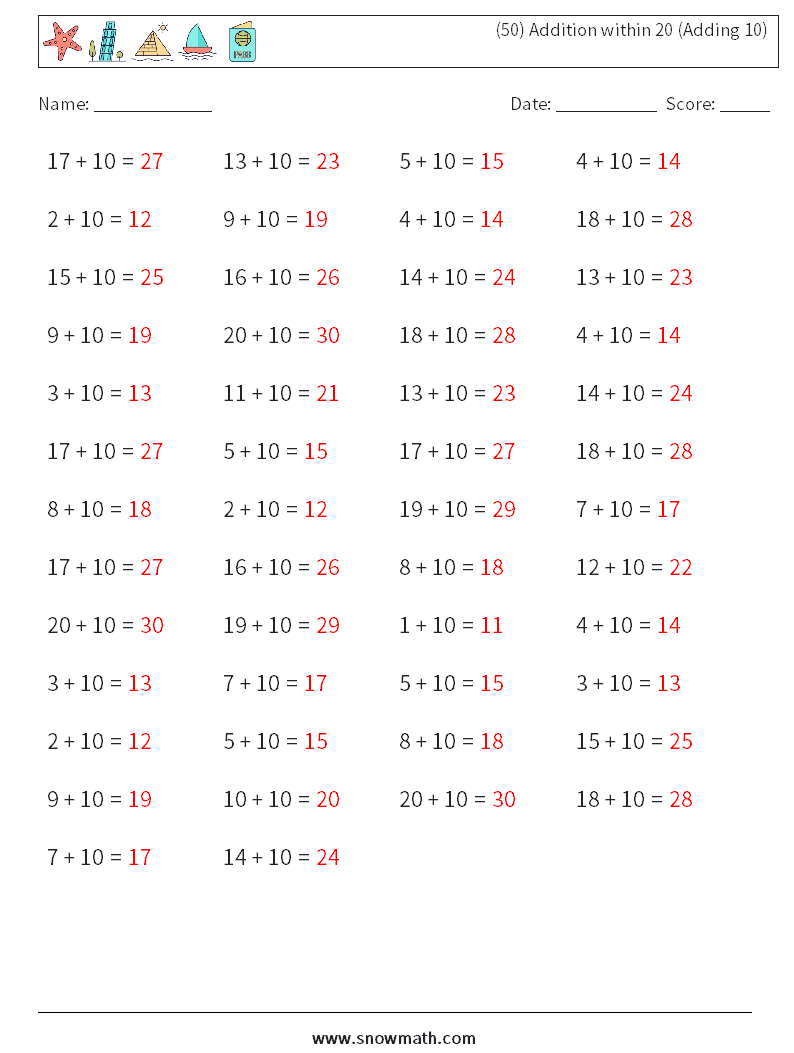 (50) Addition within 20 (Adding 10) Math Worksheets 4 Question, Answer