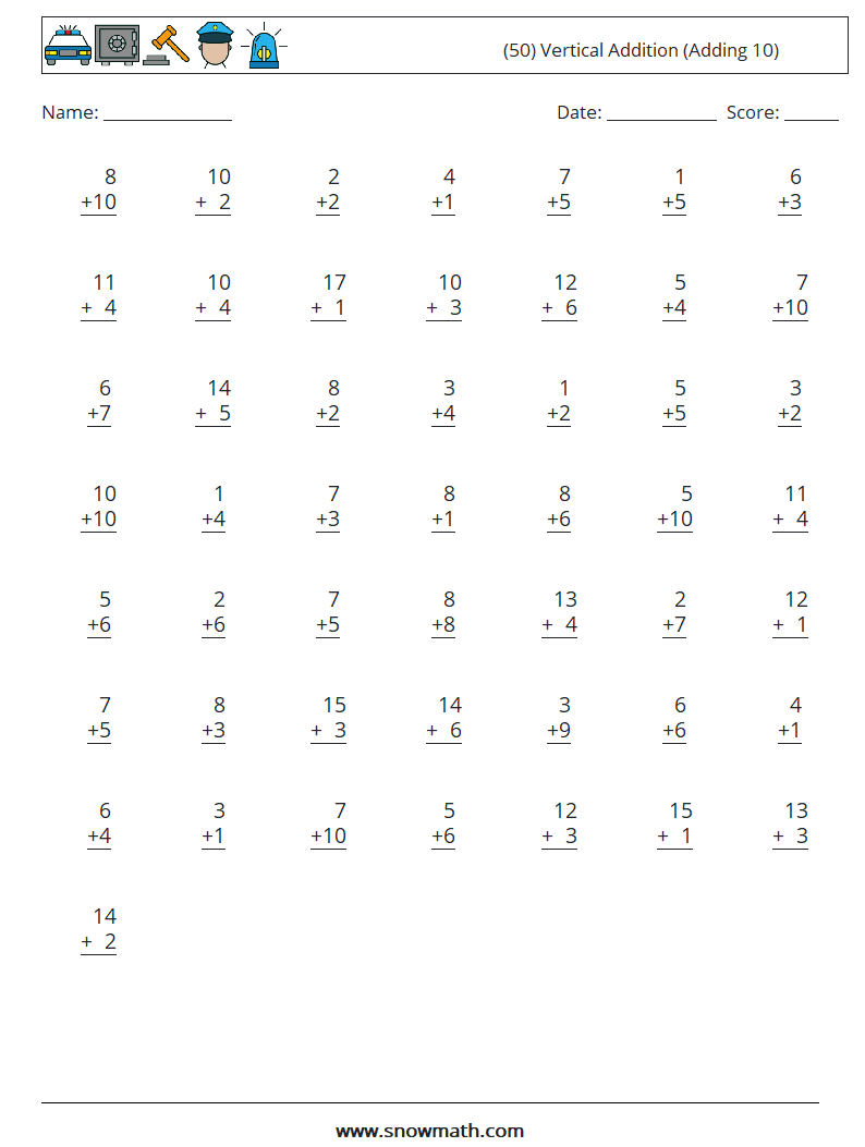 (50) Vertical  Addition (Adding 10) Math Worksheets 1