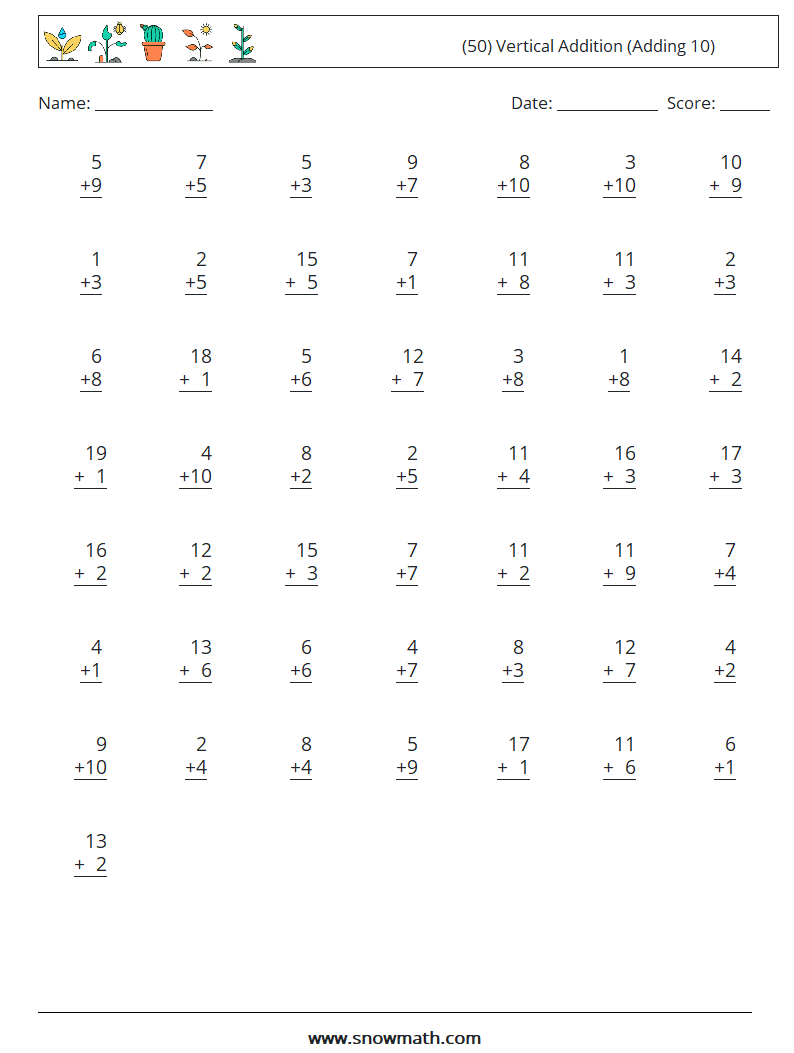 (50) Vertical  Addition (Adding 10) Math Worksheets 10