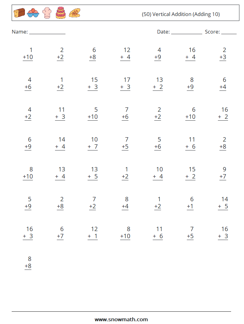 (50) Vertical  Addition (Adding 10) Math Worksheets 11