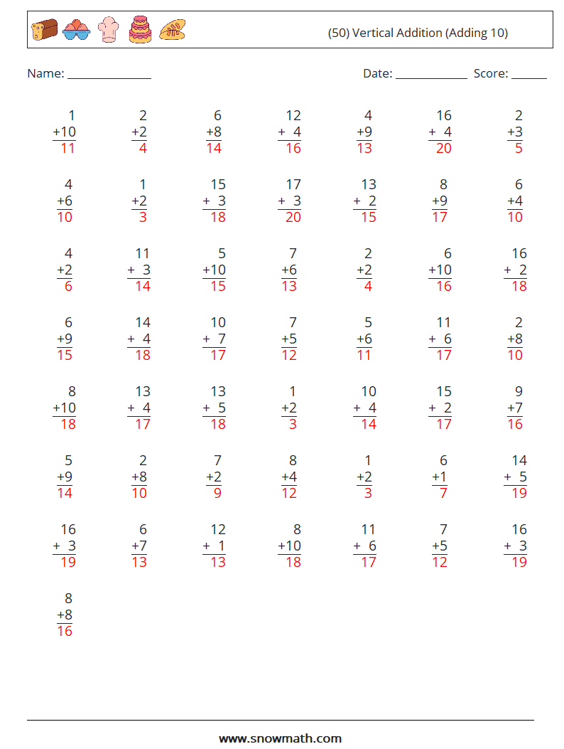 (50) Vertical  Addition (Adding 10) Math Worksheets 11 Question, Answer