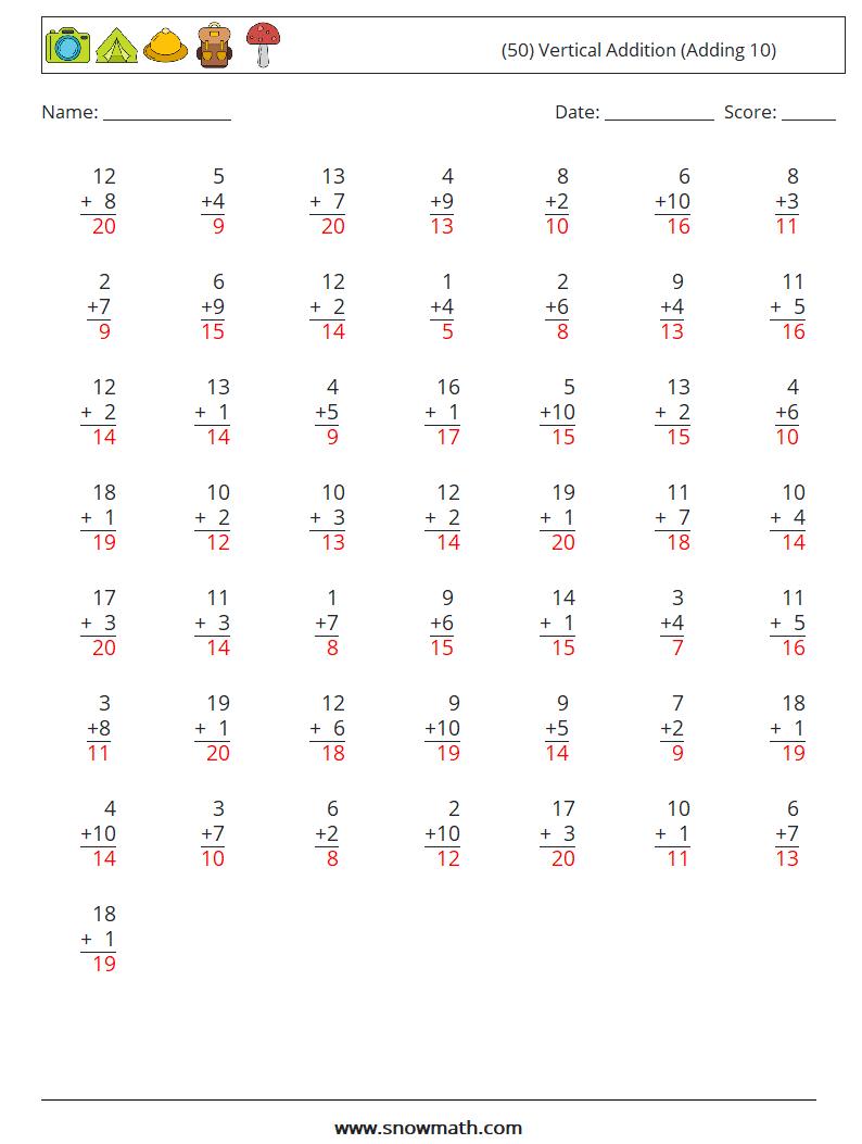 (50) Vertical  Addition (Adding 10) Math Worksheets 12 Question, Answer