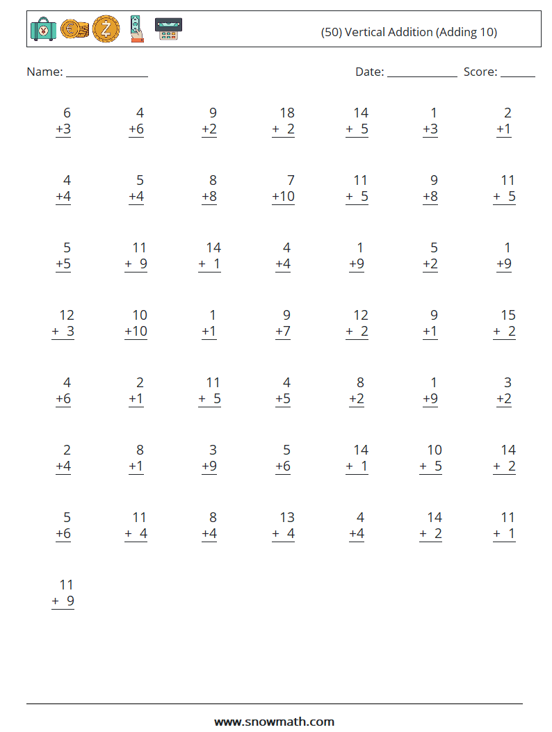 (50) Vertical  Addition (Adding 10) Math Worksheets 14