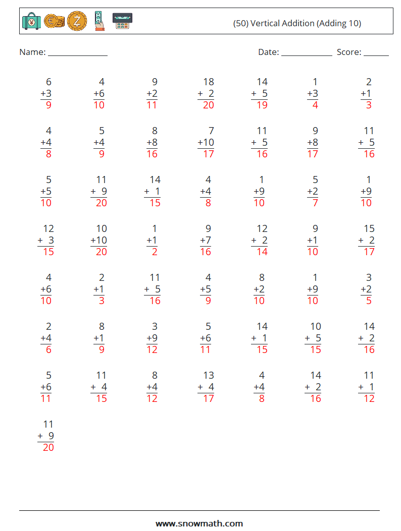 (50) Vertical  Addition (Adding 10) Math Worksheets 14 Question, Answer