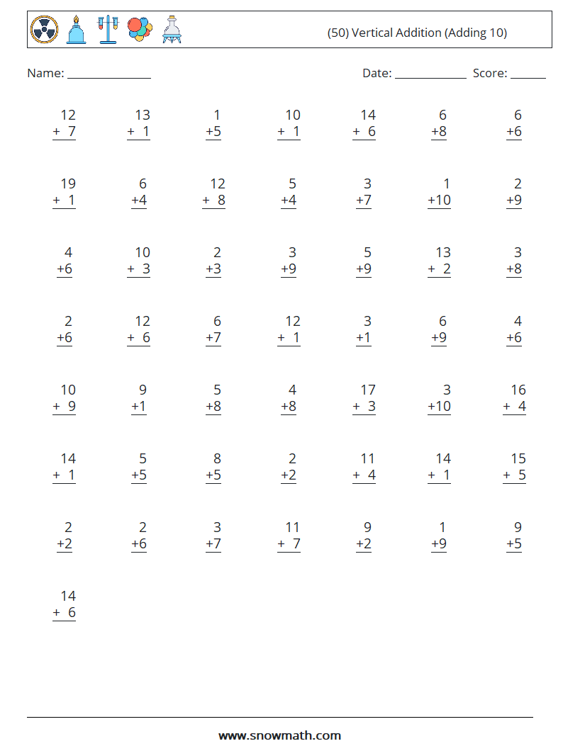 (50) Vertical  Addition (Adding 10) Math Worksheets 15