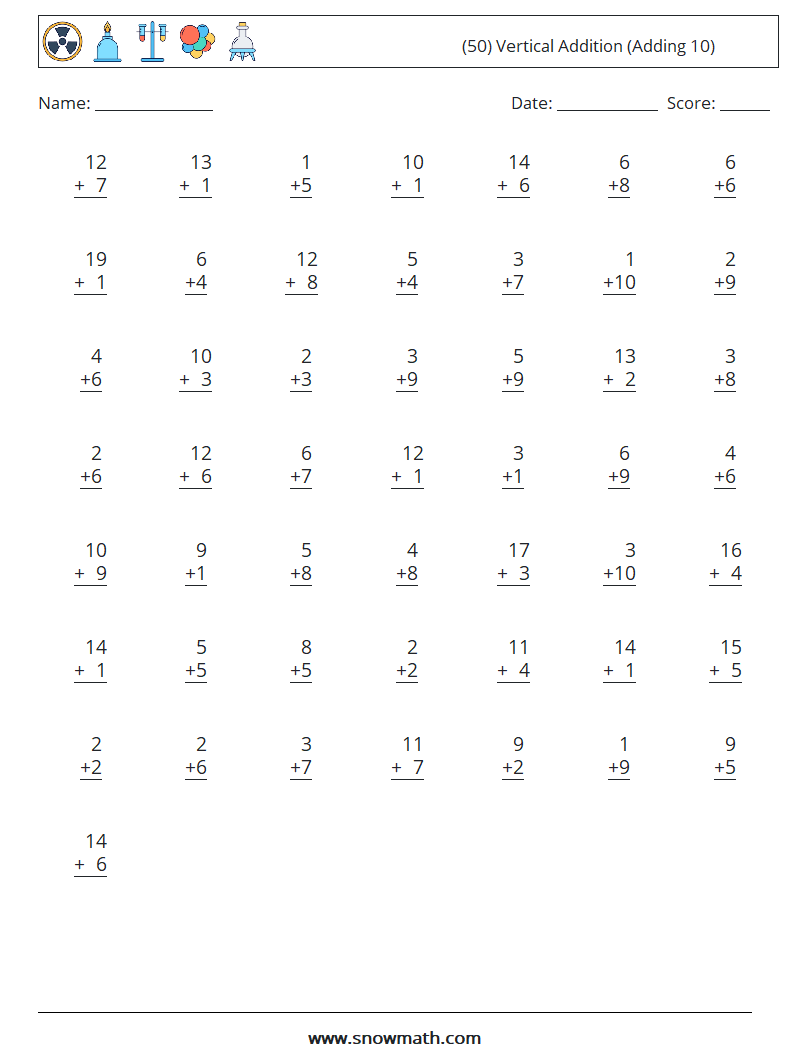 (50) Vertical  Addition (Adding 10) Maths Worksheets 15