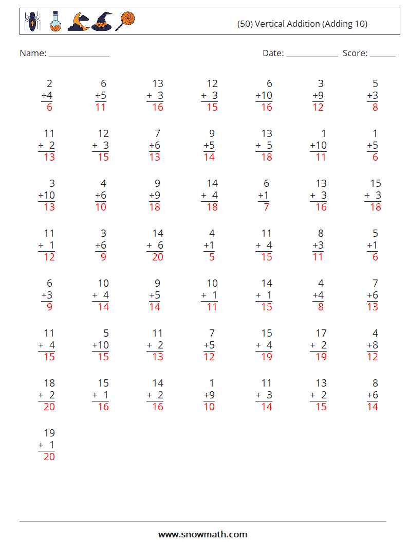 (50) Vertical  Addition (Adding 10) Math Worksheets 16 Question, Answer