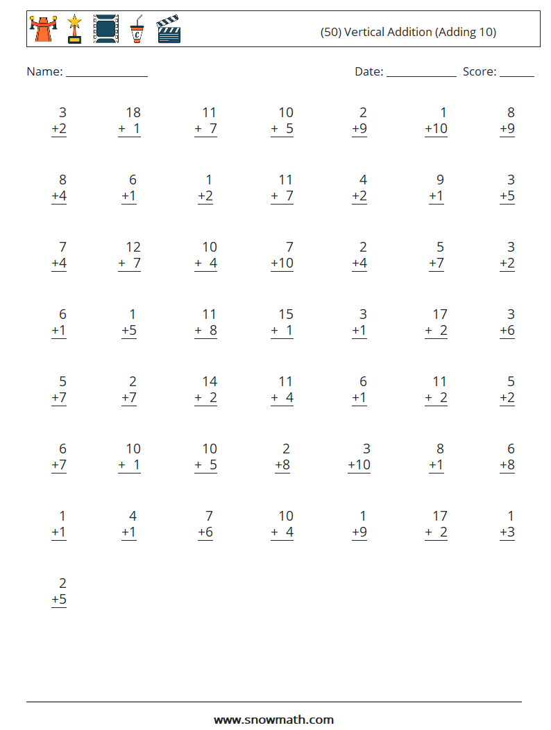 (50) Vertical  Addition (Adding 10) Math Worksheets 17