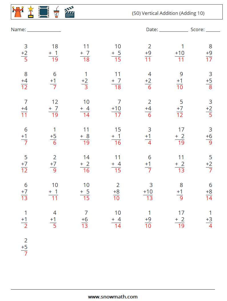 (50) Vertical  Addition (Adding 10) Math Worksheets 17 Question, Answer