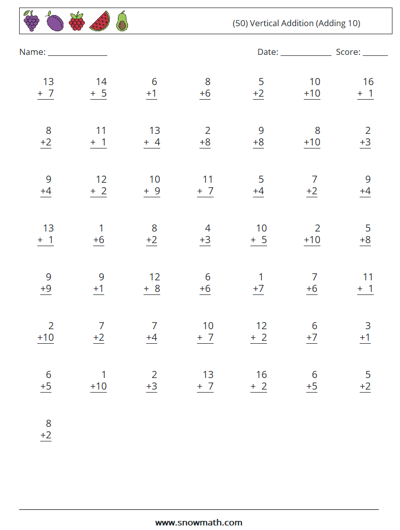 (50) Vertical  Addition (Adding 10) Math Worksheets 18