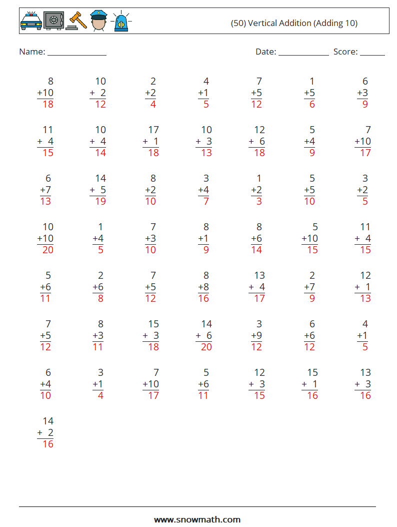 (50) Vertical  Addition (Adding 10) Math Worksheets 1 Question, Answer