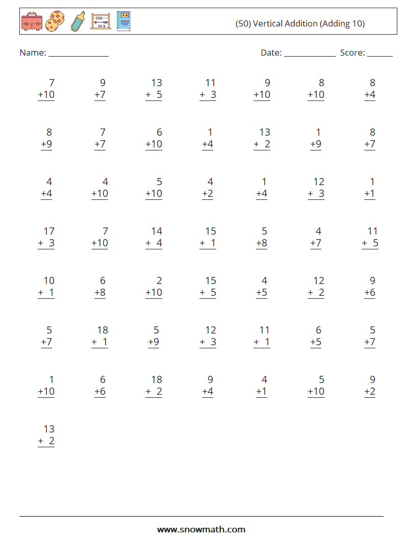 (50) Vertical  Addition (Adding 10) Maths Worksheets 2