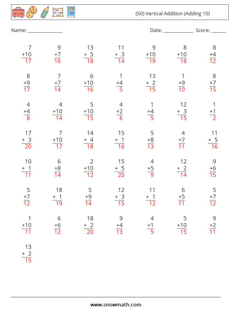 (50) Vertical  Addition (Adding 10) Math Worksheets 2 Question, Answer