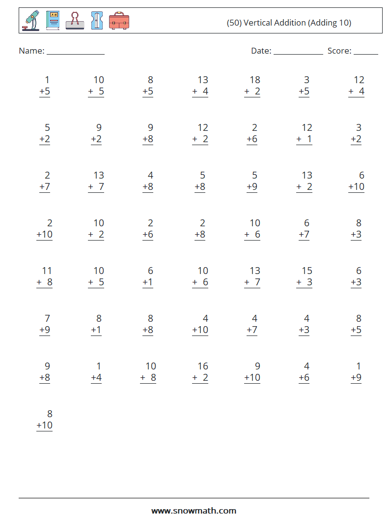 (50) Vertical  Addition (Adding 10) Math Worksheets 3