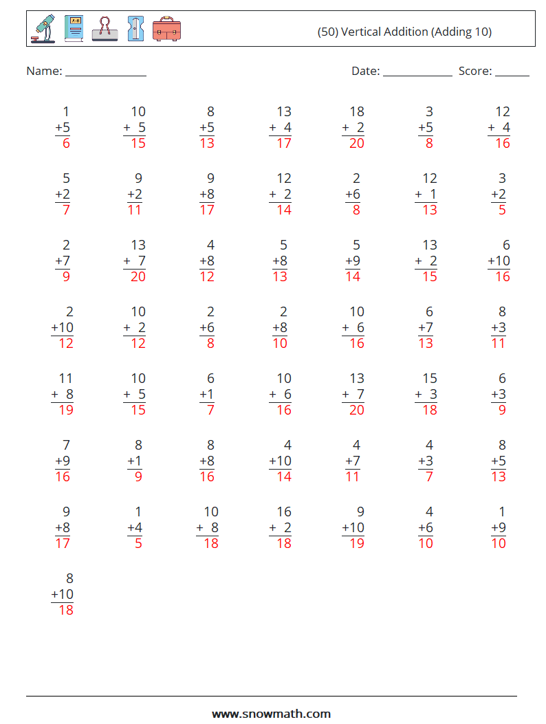 (50) Vertical  Addition (Adding 10) Math Worksheets 3 Question, Answer