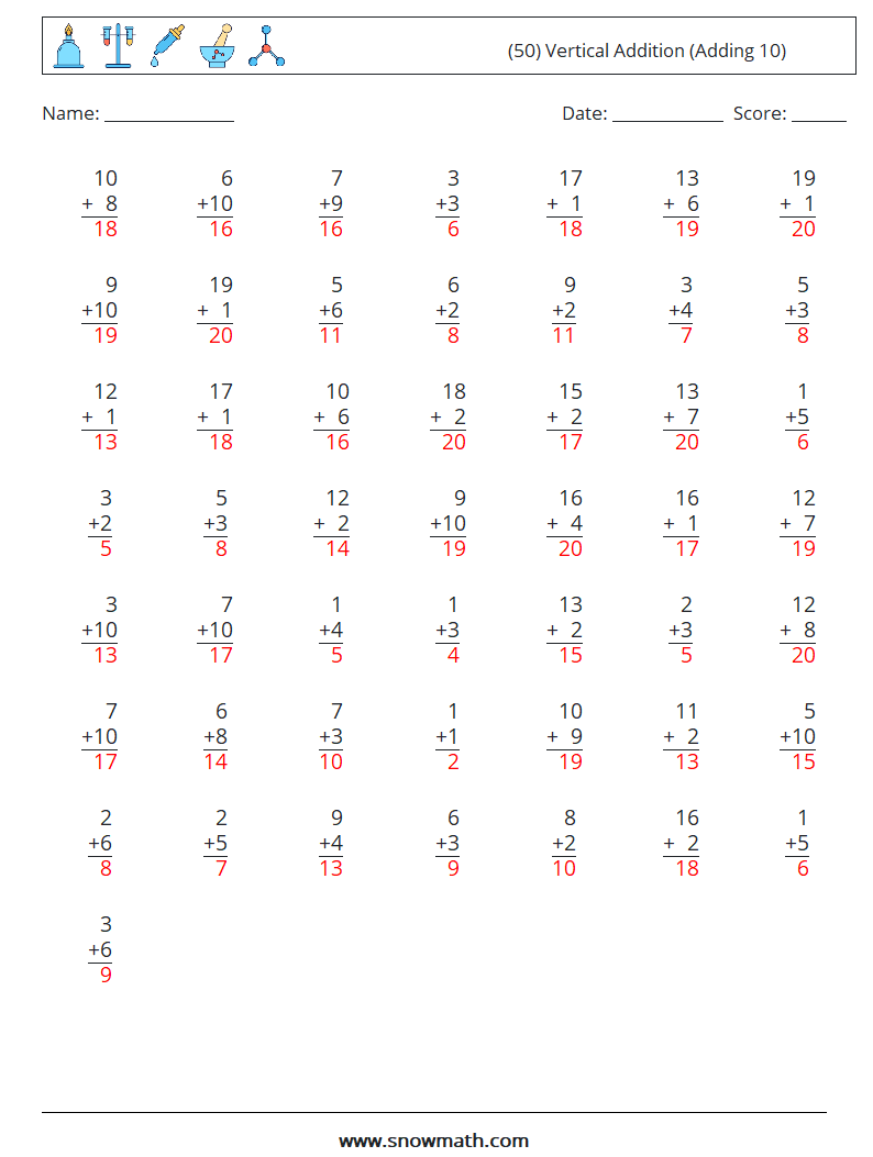 (50) Vertical  Addition (Adding 10) Math Worksheets 5 Question, Answer