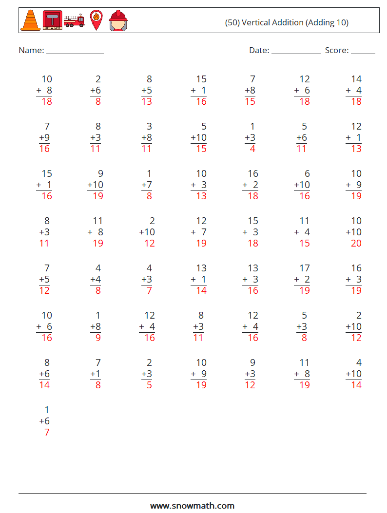 (50) Vertical  Addition (Adding 10) Math Worksheets 6 Question, Answer