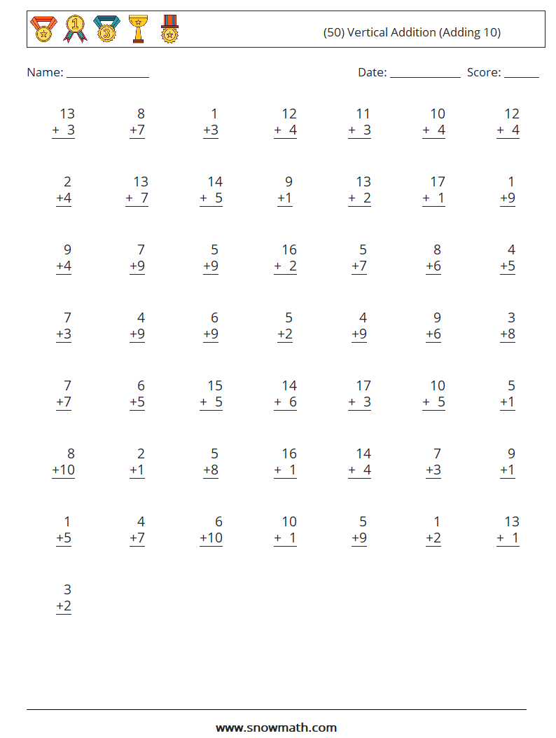 (50) Vertical  Addition (Adding 10) Math Worksheets 7