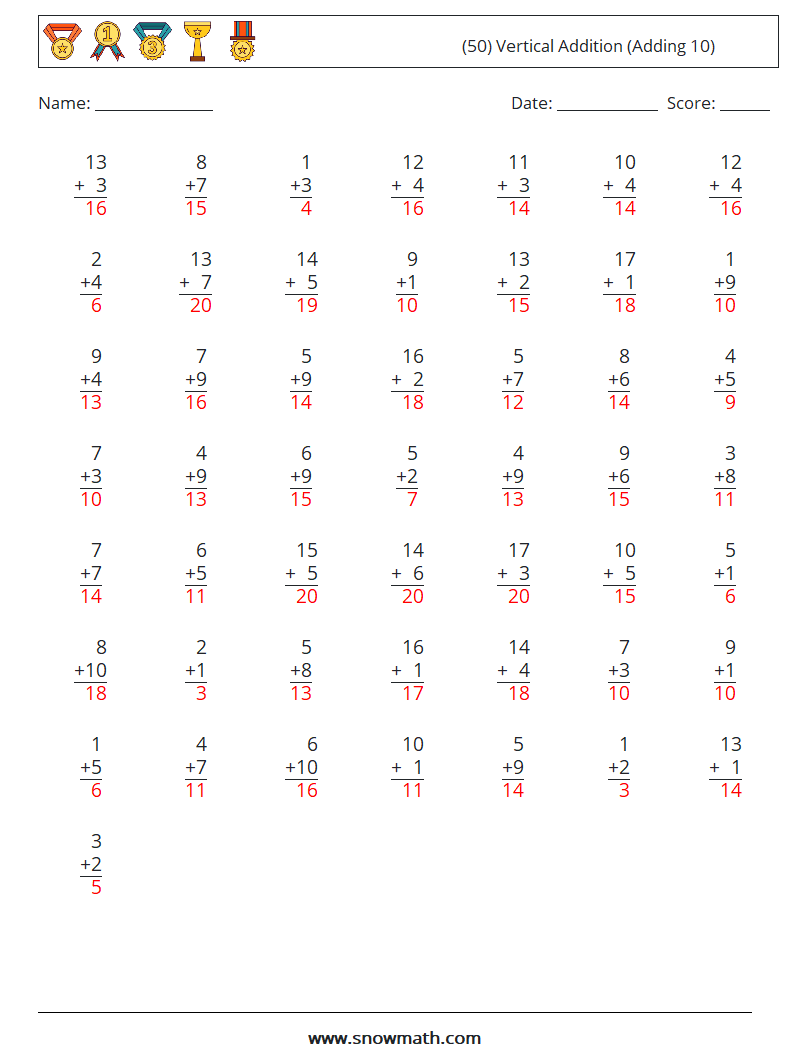 (50) Vertical  Addition (Adding 10) Math Worksheets 7 Question, Answer