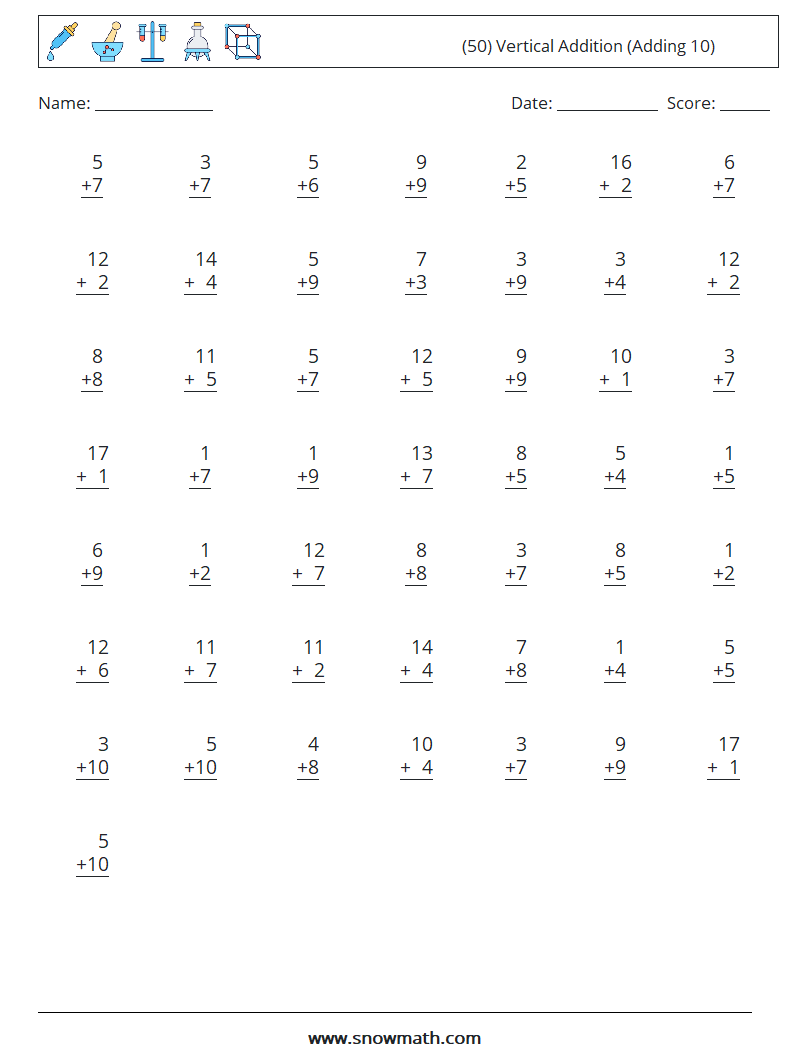 (50) Vertical  Addition (Adding 10) Math Worksheets 9