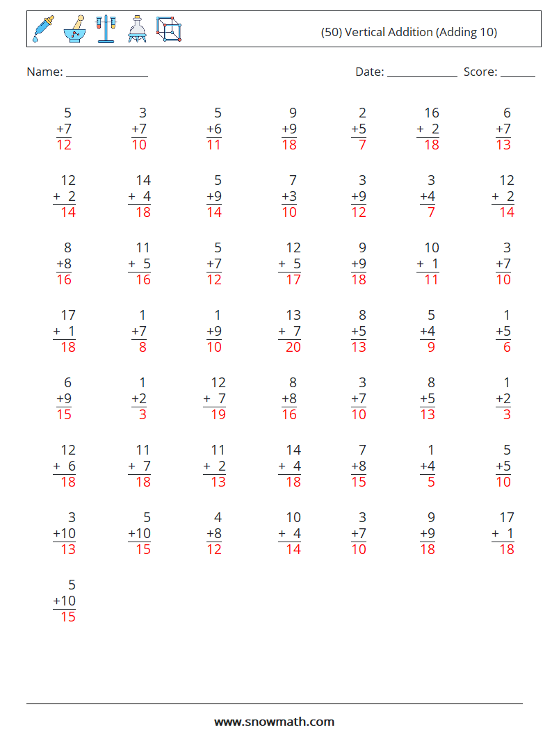 (50) Vertical  Addition (Adding 10) Math Worksheets 9 Question, Answer