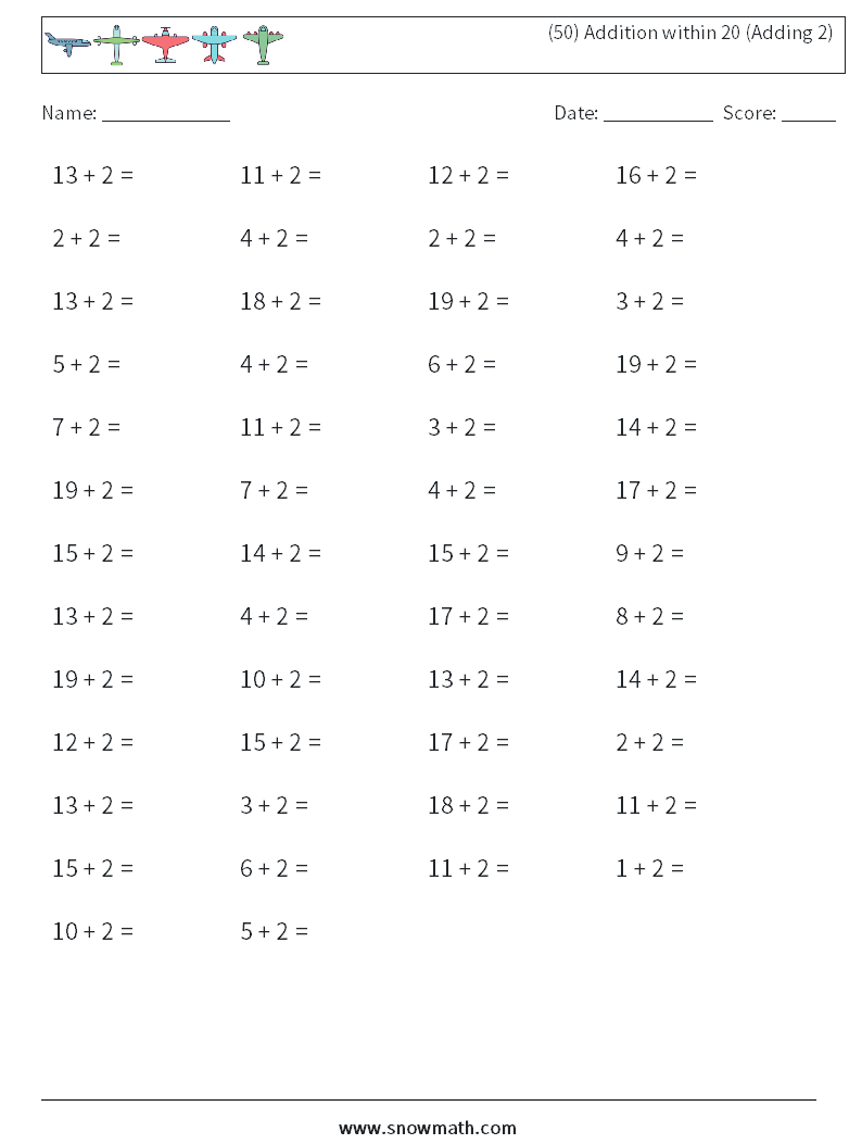 (50) Addition within 20 (Adding 2) Math Worksheets 2