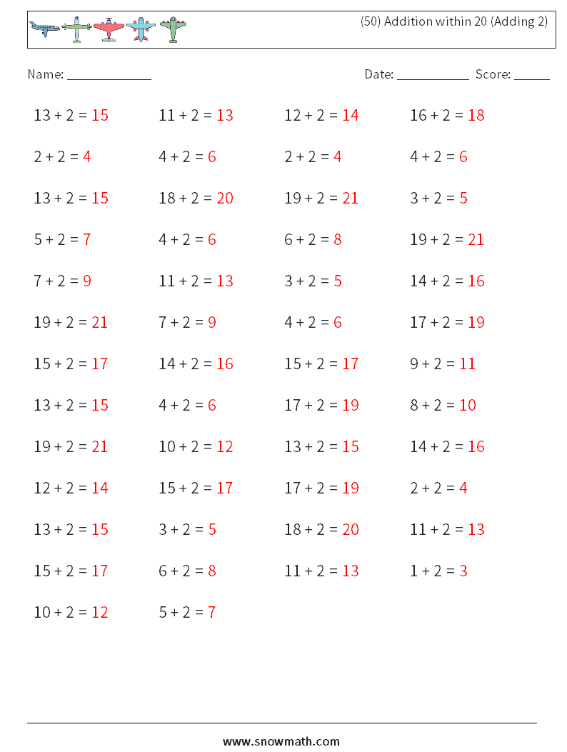 (50) Addition within 20 (Adding 2) Math Worksheets 2 Question, Answer