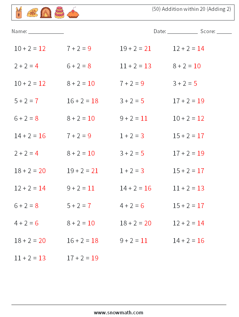 (50) Addition within 20 (Adding 2) Math Worksheets 3 Question, Answer