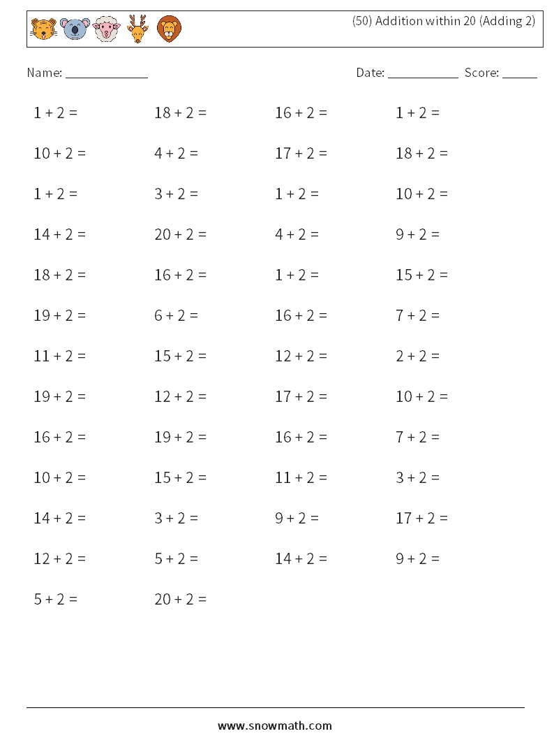 (50) Addition within 20 (Adding 2) Math Worksheets 4