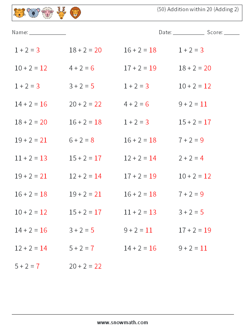 (50) Addition within 20 (Adding 2) Math Worksheets 4 Question, Answer