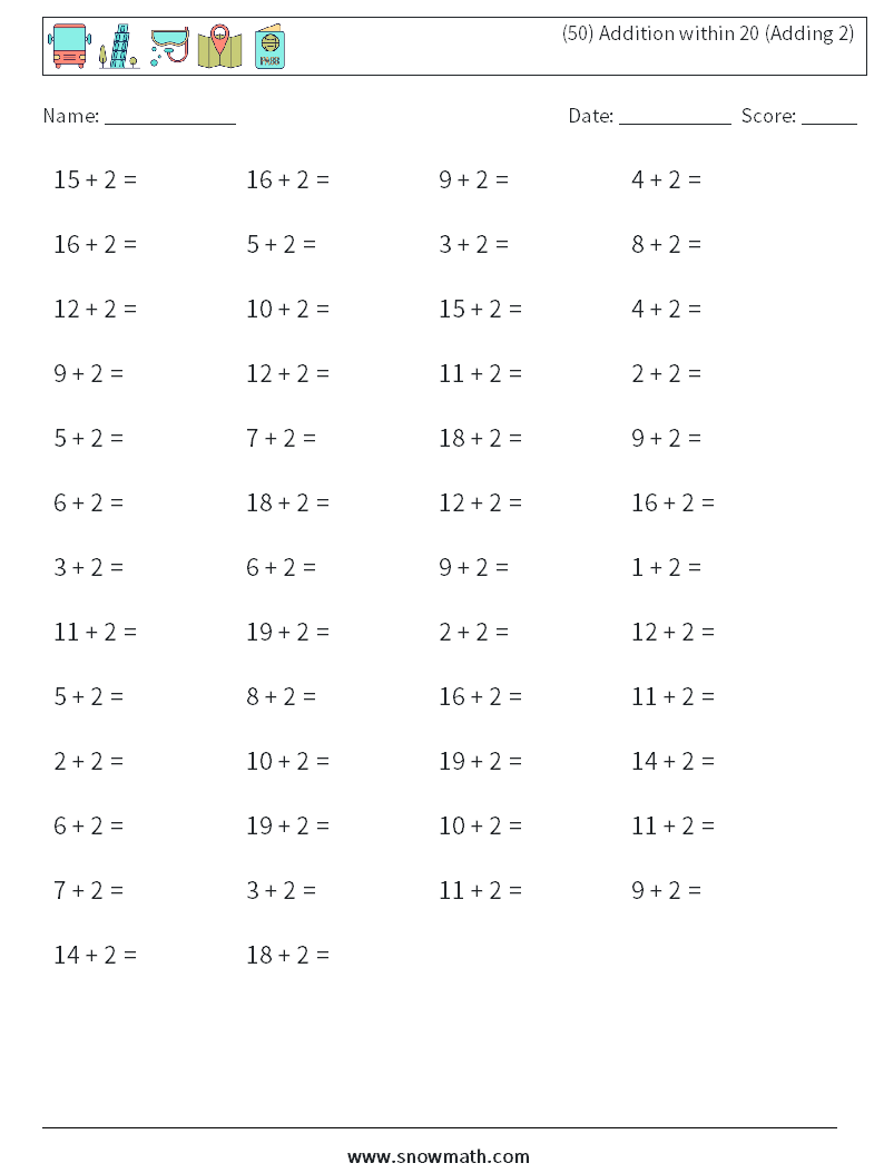 (50) Addition within 20 (Adding 2) Maths Worksheets 5