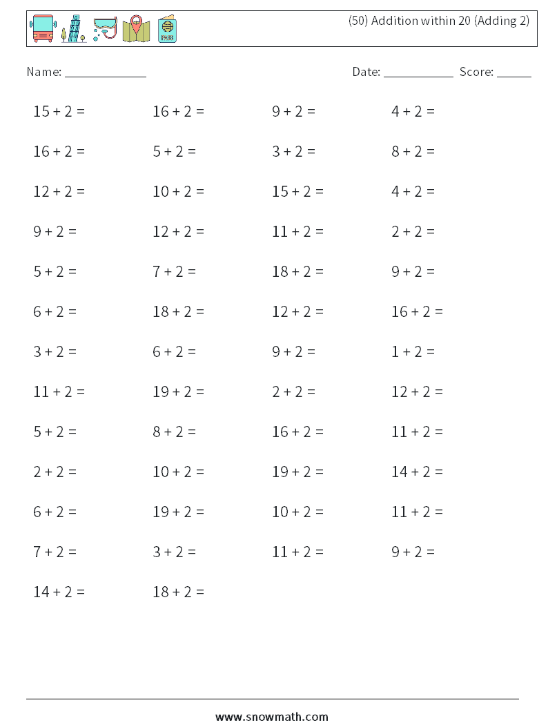 (50) Addition within 20 (Adding 2) Math Worksheets 5