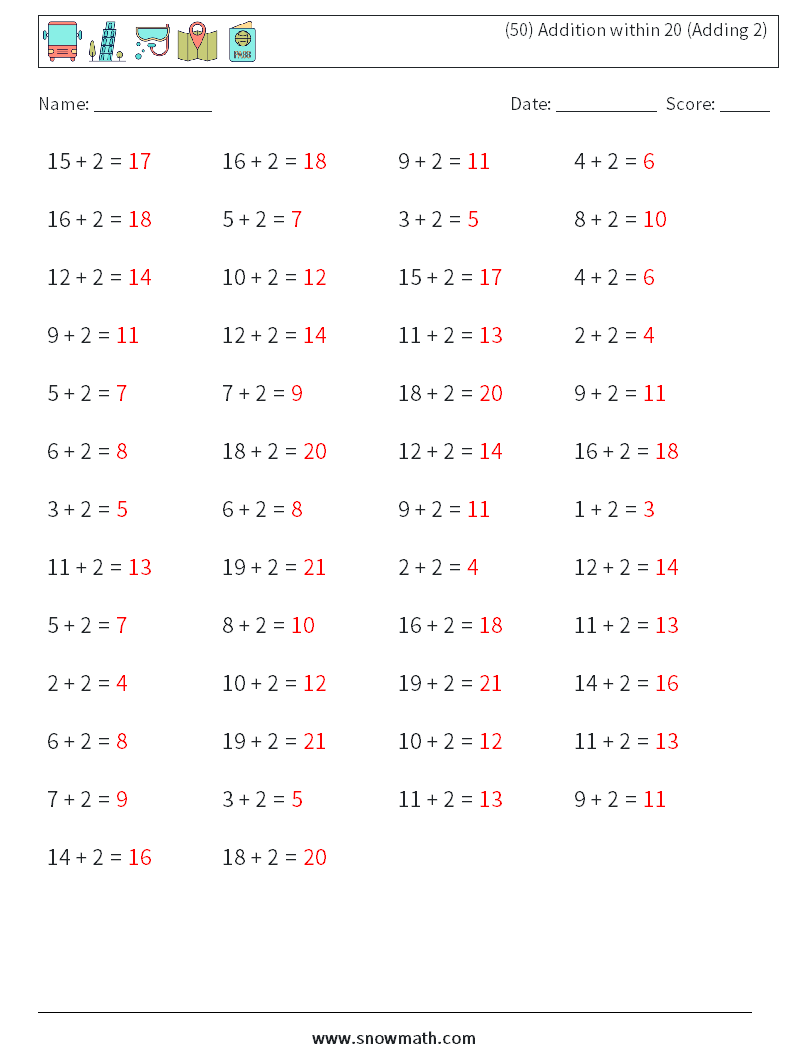 (50) Addition within 20 (Adding 2) Math Worksheets 5 Question, Answer