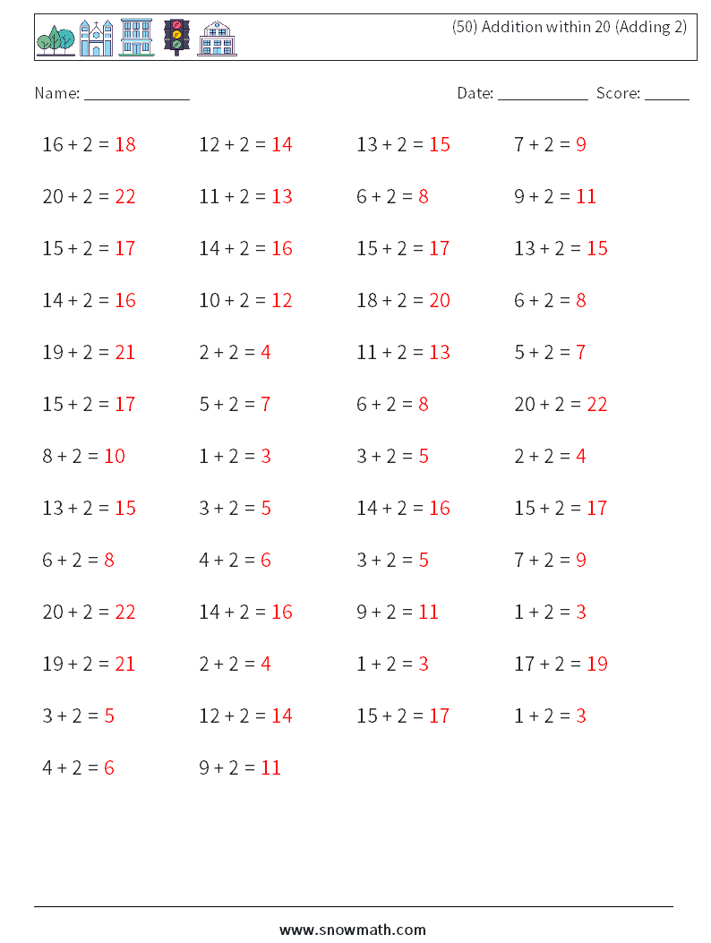 (50) Addition within 20 (Adding 2) Math Worksheets 6 Question, Answer