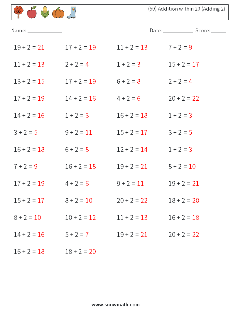 (50) Addition within 20 (Adding 2) Math Worksheets 7 Question, Answer